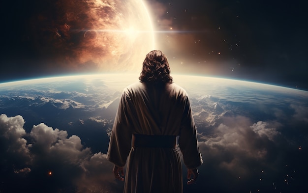 Primer plano de Jesús mirando el mundo