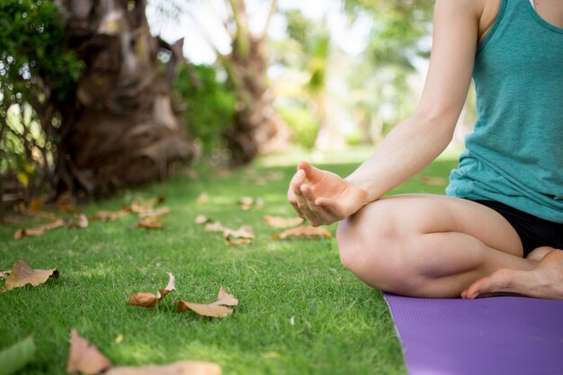 Primer plano, joven, mujer, meditar, estera, parque