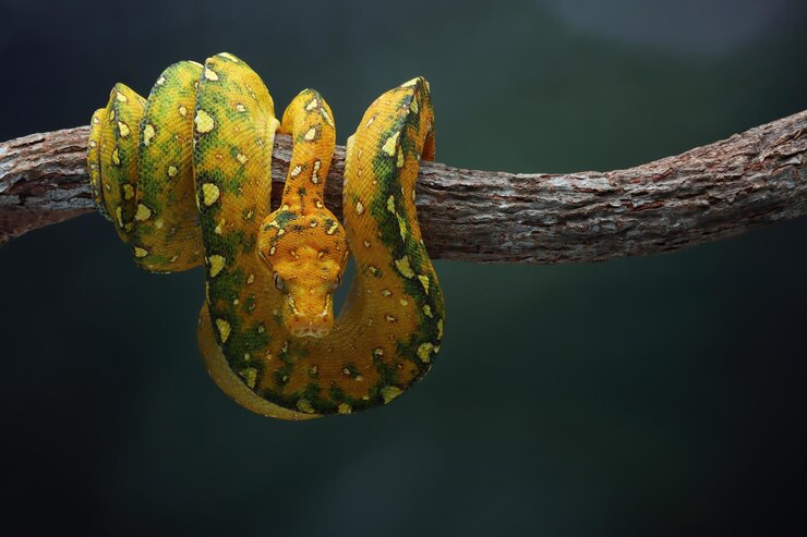 Foto gratuito primer plano juvenil de pitón de árbol verde en rama con fondo natural pitón de árbol verde morelia viridis