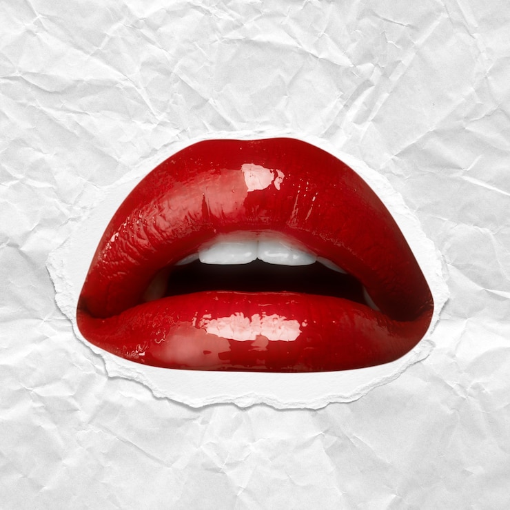 Foto gratuito primer plano de labios rojos brillantes con fondo de textura de papel rasgado