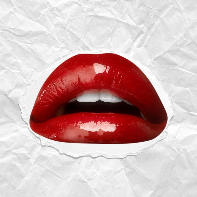 Primer plano de labios rojos brillantes con fondo de textura de papel rasgado