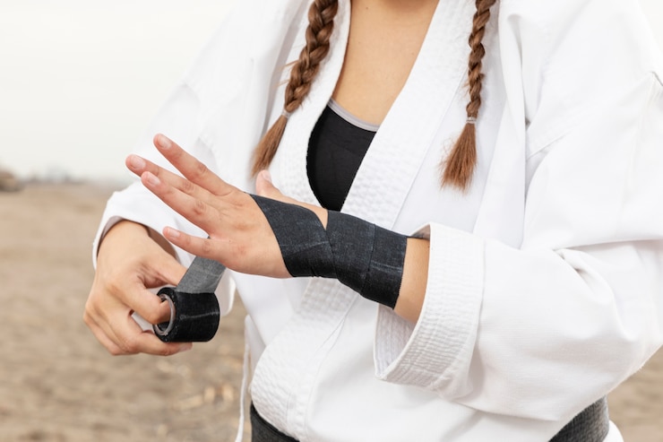 Foto gratuito primer plano luchador femenino listo para entrenar