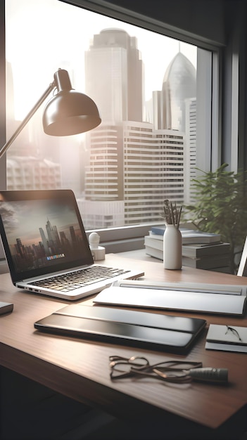 Primer plano de un lugar de trabajo moderno con una taza de café de computadora portátil y otros artículos en una mesa de madera Paisaje urbano borroso en el fondo