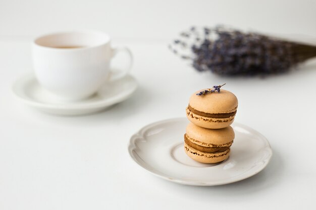 Primer plano de macarons con lavanda