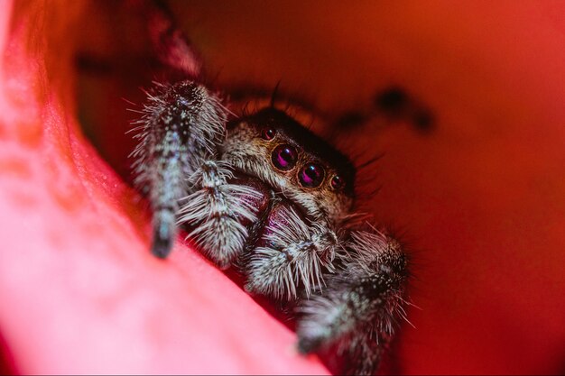 Primer plano macro de una hembra real araña saltarina sobre un pétalo de flor