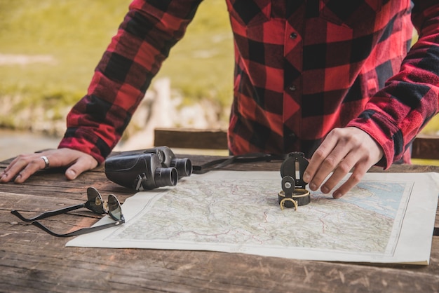 Primer plano de mano con brújula sobre un mapa