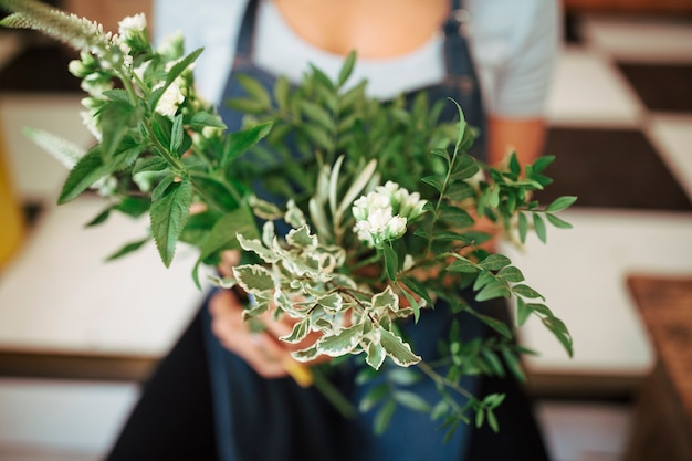 Primer plano de la mano de un florista femenino con planta de flores frescas