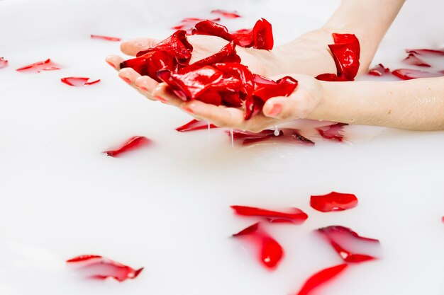 Primer plano de la mano húmeda de una mujer con pétalos de flores rojas en baño de spa con leche