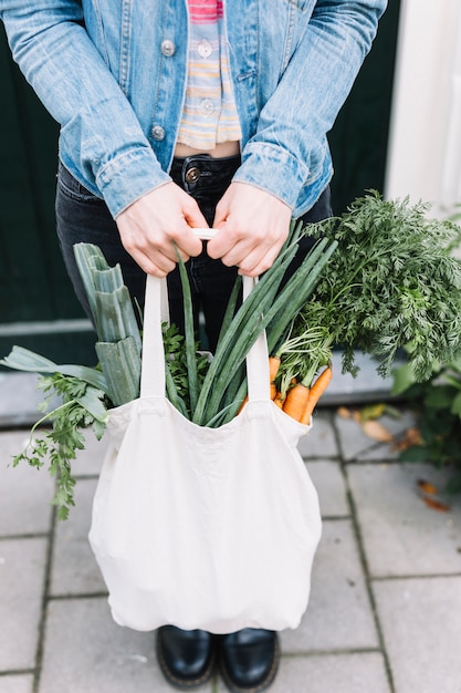 Foto gratuita primer plano de la mano de una mujer sosteniendo una bolsa de algodón con verduras