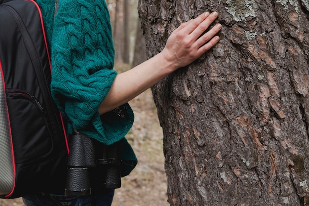 Primer plano de mano de mujer en el tronco de un árbol