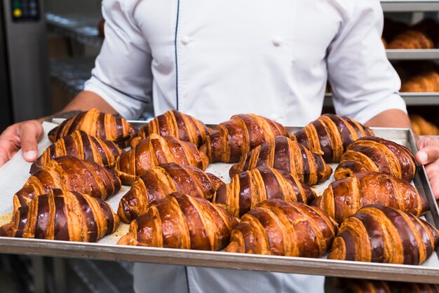 Primer plano de la mano de un panadero masculino que sostiene una bandeja de croissant recién horneada