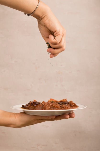 Foto gratuita primer plano de la mano de una persona que adorna un plato de carne mexicana