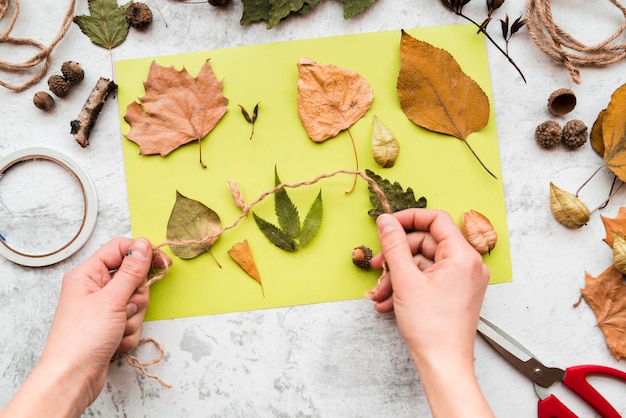 Primer plano de la mano de la persona que sostiene una cuerda sobre las hojas de otoño en un papel verde sobre un fondo texturizado