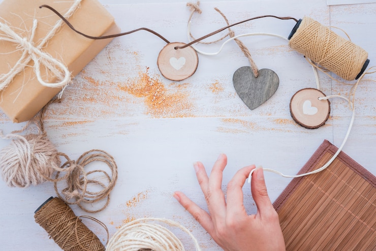 Foto gratuito primer plano de la mano que hace la guirnalda del corazón con el carrete y la caja de regalo envuelta en el escritorio blanco