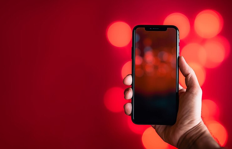 primer plano mano sujetando teléfono móvil fondo rojo bokeh