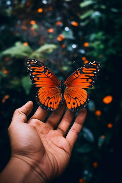 Un primer plano de una mariposa en la mano