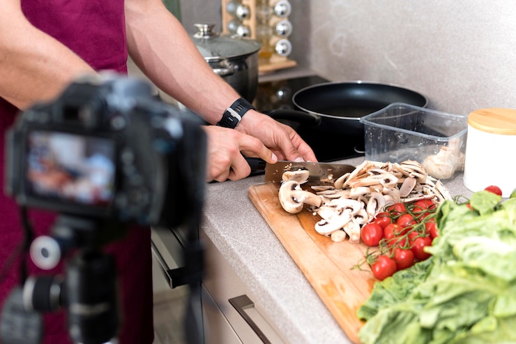 Foto gratuito primer plano masculino grabación sesión de cocina en casa