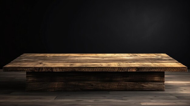 Primer plano de la mesa de madera superior en el concepto de fondo de pared oscura para publicidad generativa Ai