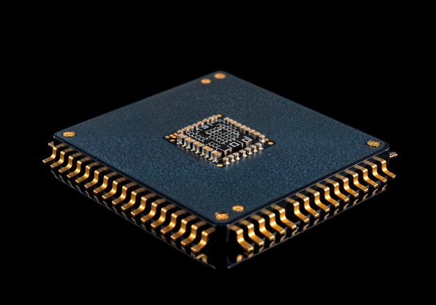 Primer plano de un microchip de CPU en una superficie negra