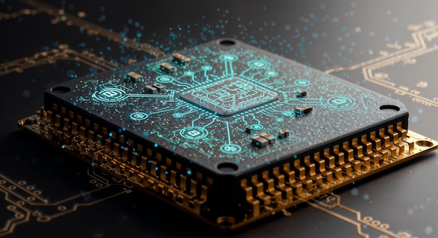 Primer plano de un microchip futurista en una placa de circuitos