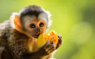 Foto gratuita un primer plano de un mono comiendo fruta en la naturaleza