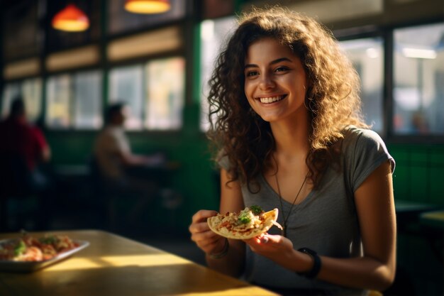 Primer plano de una mujer comiendo un delicioso taco