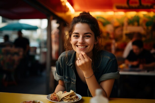 Primer plano de una mujer comiendo un delicioso taco