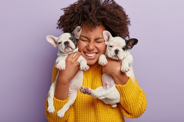 Foto gratuita primer plano de mujer complacida con pelo afro tiene dos cachorros, pasa tiempo libre con amigos animales leales, feliz de tener perros bulldog francés recién nacidos