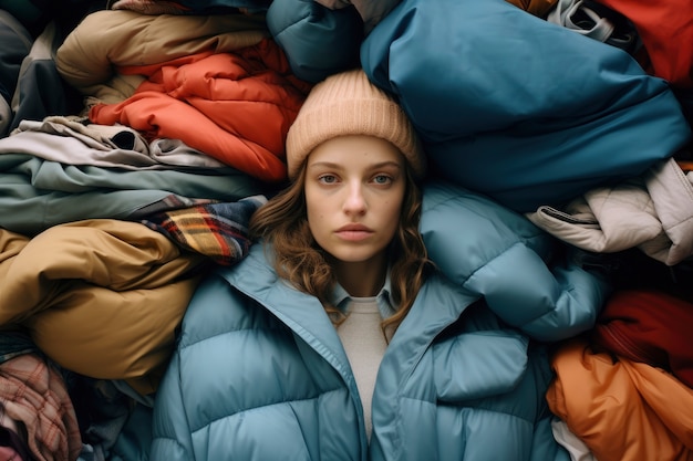 Foto gratuita primer plano de una mujer frente a una pila de ropa