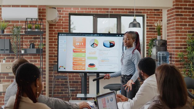 Primer plano de una mujer haciendo una presentación de negocios en la sala de juntas, explicando el análisis de gráficos a los compañeros de trabajo para el desarrollo y crecimiento de la empresa. Empleado presentando estrategia de marketing en pantalla.