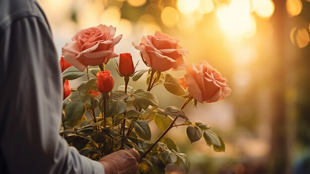 Un primer plano de una mujer preparando un ramo de flores.