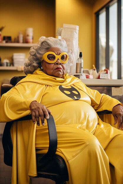 Primer plano de una mujer superhéroe vestida de amarillo