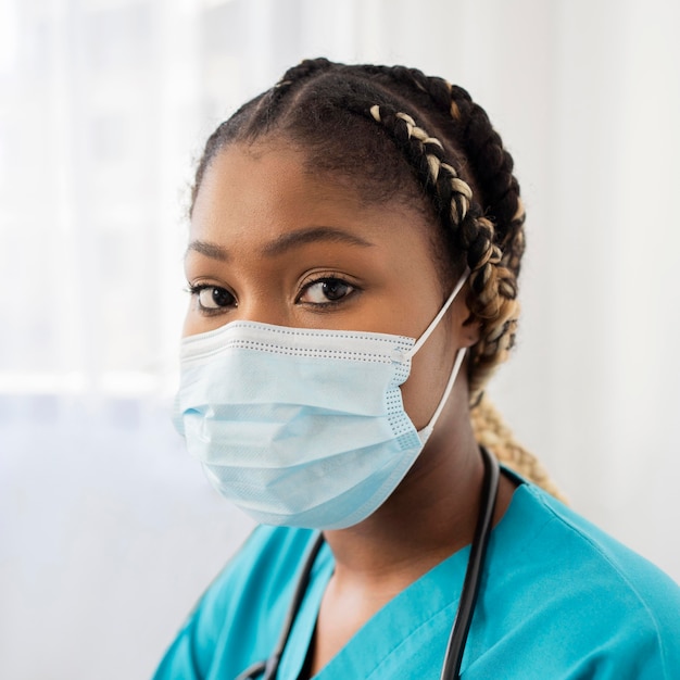 Foto gratuita primer plano mujer vistiendo máscara médica