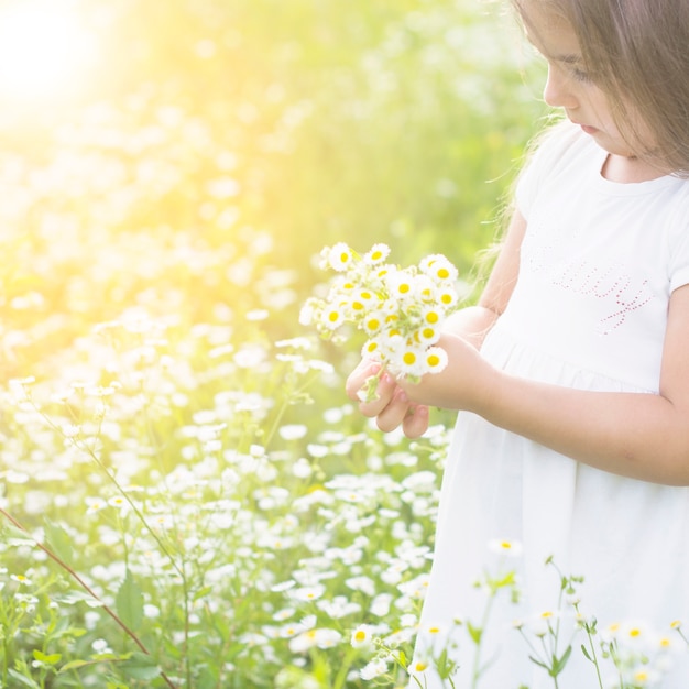 Primer plano de una niña con flores blancas en la mano