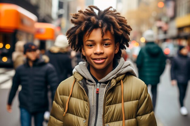 Primer plano de un niño en las calles de Nueva York