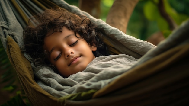 Un primer plano de un niño durmiendo en una hamaca.