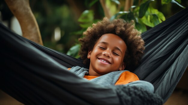 Un primer plano de un niño durmiendo en una hamaca.