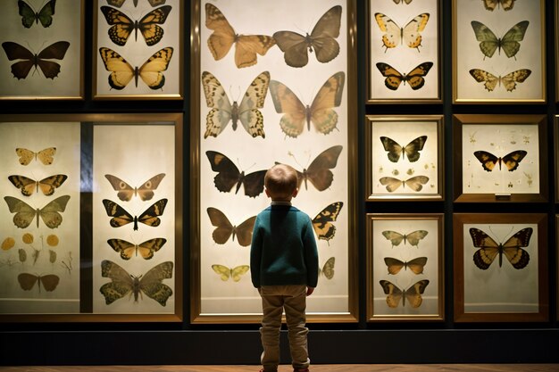 En primer plano un niño mirando la colección de mariposas