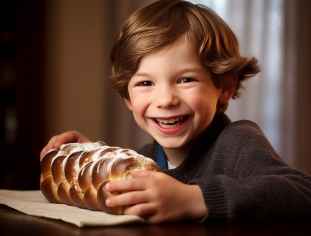 Un primer plano de un niño con un plato de challah para Hanukkah