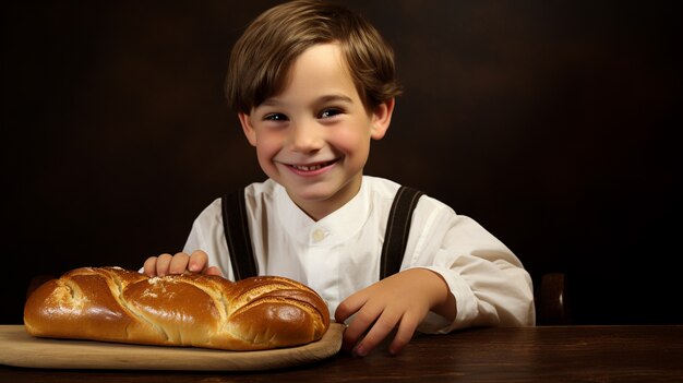 Un primer plano de un niño con un plato de challah para Hanukkah