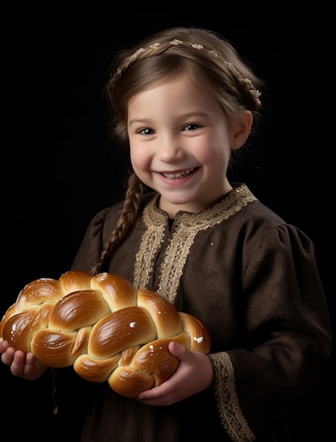 Foto gratuita un primer plano de un niño con un plato de challah para hanukkah