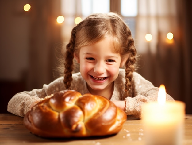 Foto gratuita un primer plano de un niño con un plato de challah para hanukkah