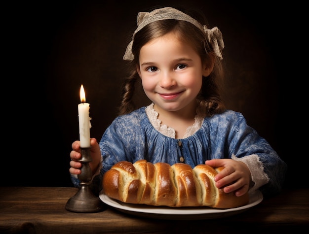 Foto gratuita un primer plano de un niño con un plato de challah para hanukkah