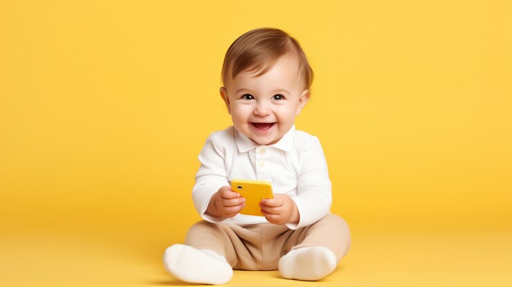 Foto gratuito primer plano de un niño que usa un dispositivo inteligente sobre fondo amarillo