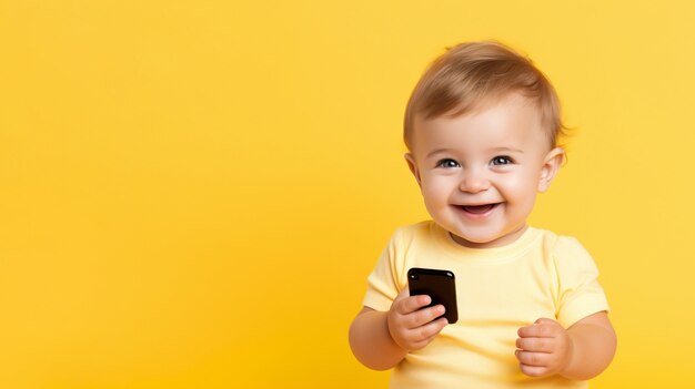 Primer plano de un niño que usa un dispositivo inteligente sobre fondo amarillo