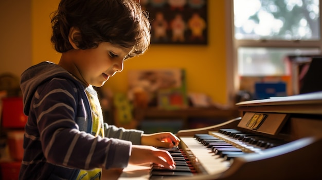 Un primer plano de un niño tocando el piano.