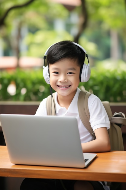 Foto gratuita un primer plano de un niño usando una computadora portátil inteligente