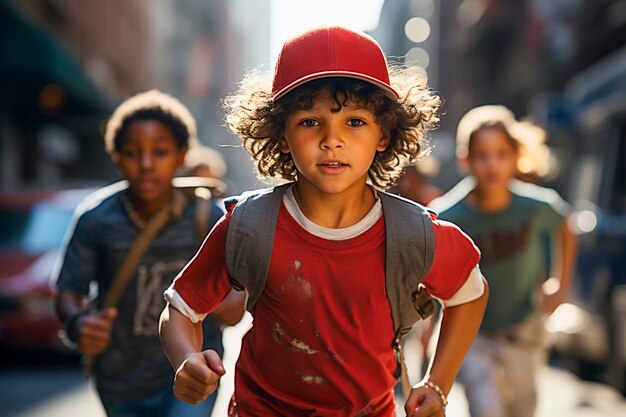 Primer plano de niños corriendo por las calles de Nueva York