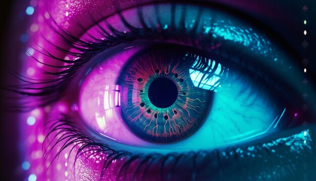 Un primer plano de un ojo morado y azul con la palabra ojo en él