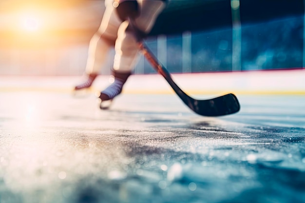 Primer plano del palo de hockey sobre hielo en la pista de hielo en posición para golpear el disco de hockey